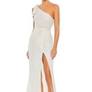 MAC DUGGAL 93735 PEARL EMBELLISHED SOFT TIE ONE SHOULDER WHITE GOWN sz 10